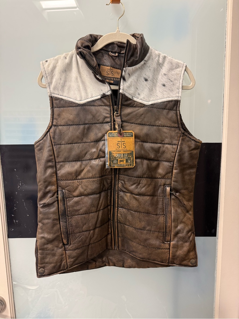 Women’s STS Ranchwear Brown Quilted Leather Vest with White Hide Yoke